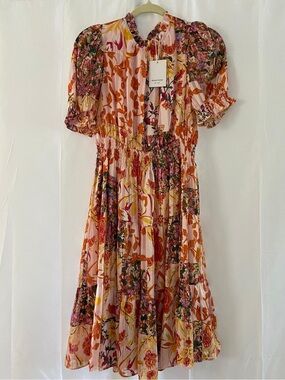 Smocked Waist Floral Midi Dress in Pink and Orange